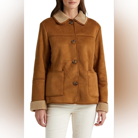 Lauren Ralph Lauren Faux Suede Jacket with Faux Shearling Trim Cognac XL - Picture 1 of 11